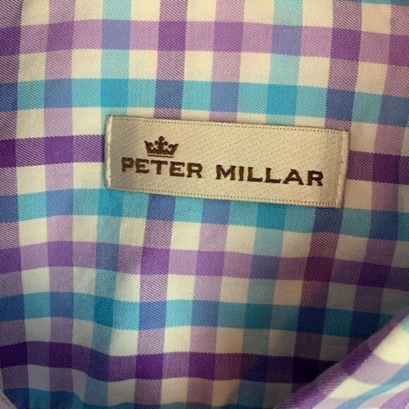 Peter Millar Mens Button Down Shirt Blue White Gingham Short Sleeve Pocket L - Picture 9 of 10